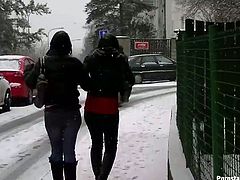 These slim brunettes in jeans and fur coats are already tipsy. They go to the shop, play snowballs and hope to win strong dicks for hot casual sex, cuz it's the only way to warm up on such a cold winter day.