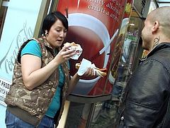 Overweight young woman bonked doggy position