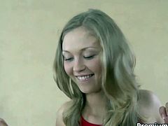 Skinny blond amateur is a real gymnast. She rubs her unused cunt with hand before she pokes it with fingers with her legs pulled behind her head. Later she takes a dildo to continue masturbation in strange position.