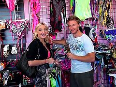 Blonde babe gets teased by horny male into having wild sex with him