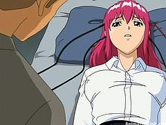 Pink-haired anime maid is having fun with two dudes. She kneels in front of them and sucks their cocks remarcably well.