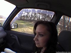 Cock hungry brunette Michelle gives hot handjob right in the car