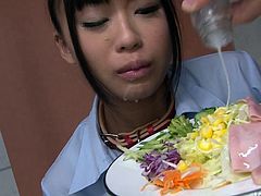 Perverse dude gives bad times to mesmerizing Japanese amateur. First he forces her to eat different shit from his plate before she kneels down to oral fuck his sturdy cock.