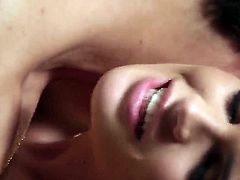 Arousing long haired brunette beauty Teal Conrad with natural boobs and tight ass gives lusty blowjob to her handsome lover and gets pounded in doggy style position in bedroom.