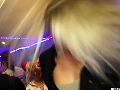 Fuckable white milfs in steamy office wear and pantyhose dance seductively in the middle of dance floor rubbing over each other and over kinky dudes in group sex video by Tainster.