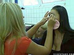 Sandy and Lorna, hot and sensual pornstar babes really enjoy in getting ready for the scene and putting their make up on in the dressing room before the shooting
