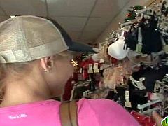 Wild blonde enjoys in shopping in sex shop