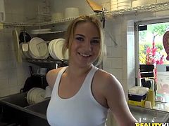 She is nasty chick who is ready to reveal her privates for money. So she slips her shorts and knickers in a small ice-cream shop flashing her shaved pussy. Kinky Reality Kings video.