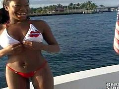 Delyla is a dark skinned ebony hottie in sexy bikini. She show off her perfect bubble ass on a boat without stripping. White dude loves her perfectly shaped brown ass.