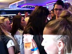 Playful white hoes drink hard during corporate party celebration. Later they kneel down in front of their bosses to oral fuck their hard cocks in steamy group sex video by Tainster.