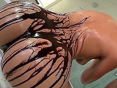 Pretty blonde babe Anikka Albrite with natural boobs and jaw dropping round bums gets covered with milk and chocolate while teasing her lover and takes on his cock in bathroom.