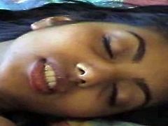 Beautiful black haired Desi teen lies on her back all naked while one dude pokes her wet pussy with dildo. She sucks his dick with pleasure and gets boned missionary style.