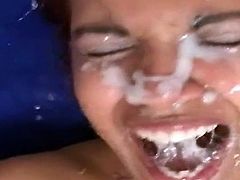 Two white guys use Indian chick Gaya Patal as a cum dumpster. She takes it up her shaved hungry cunt doggystyle awhile sucking big fat prick and then gets her face covered with two massive loads.