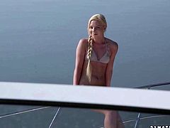 Lusciuos blond babe goes to the boat trip with a fat sugar daddy. She rubs his penis with her hands before she inclines to oral fuck it.
