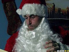 Lili Love, Dillon Harper and Whitney Westgate with tight asses and great hunger for pussy in sexy Christmas uniforms lick each other while James Deen dressed as Santa is watching them