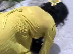 Sexy Asian babe in yellow outfit Bella gets horny and masturbates in a public solo scene