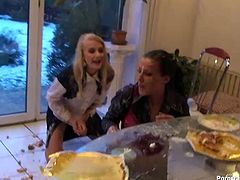 Two drunk mature bitches having a cake fight. Whores cover their faces with whipped cream and wrestle on the floor all covered in cake pieces.