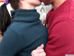 Black haired chick meets a dude in the streets. She goes with him home. What's for to waste time on talking, when there's a great chance to have a hot sex?! Spoiled chick gets rid of sweater and shows her pale natural tits. Spreading legs wide dirty harlot is ready to be fucked.