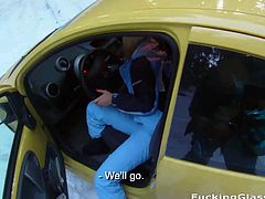 Watch a vicious and alluring blonde teen belle sucking her man's dong in the car before getting her hot pussy drilled into ecstasy in the snow.