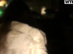 Pretty brunette walks out of a restaurant with her boyfriend to give him a nice blowjob.