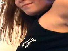 Cheep looking slutty brunette Daisy with natural boobs and round juicy ass in denim skirt and red lace undies teases Rob in point of view and takes on his cock.