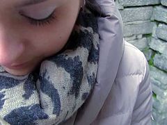 young cute brunette amateur Emily good looking body figure and sexy nail polish suck balls and meaty stiff cock in public while client films her in pint of view