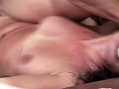 See a nasty brunette slut getting her tight clam banged balls deep into a mind-blowing explosion of pleasure by a beefy stud.