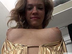 There's no other way to please this ardent blond head than filling her mouth with sperm. Cum addicted slim harlot with natural tits gets rid of her golden dress and kneels down. It's time to gain your portion of delight and enjoy a solid blowjob provided by zealous nympho.