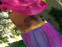 Hilarious brunette in Indian traditional gown wins a dick for a solid blowjob