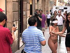 A brunette fucking slut gets tied up and walked naked on the streets then they fucking fuck her in the first place they see fit.