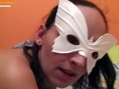 This chick make mask  my look innocent as she give her man a sloppy mouthjob. Making his cock hard inside her mouth with a little bit of stroking by her hands. Then she spread her legs to have her pussy fisted and then drilled from behind.