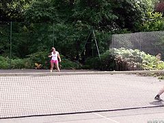 This two brunette bitches are playing good and coach thinks, that they deserve a little appreciation, and they are taking it happily. Girls reveal their boobs beneath the dress and let the coach, suck them hard. Then they are wrapping their juicy lips around his man meat right on the tennis court.