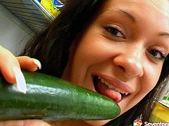 Spoiled Russian brunette teen approaches a refrigerator in order to find something to eat, however, as soon as she sees a cucumber, he plans suddenly change. So she takes it to poke her ruined cunt.