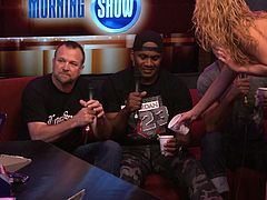 These three guys are sitting on the couch, have a little chat with our presentators and then a sexy blonde, completely naked steps in and serves them some coffee. well, that's enough talking, let's see some hotties wearing halloween costumes and much more!