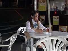 Adorable Japanese girl falls asleep in cafe. Waiter brings her to his house and undresses this babe. After that he toys her pussy and she gives him a blowjob.