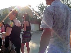 Sexy babe gets her sexy ass exposed during hot and naughty upksirt video in public