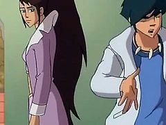 This chick and guy from the Galactik Football team get nasty with each other after a hard fought game of football on the field. She gets down on her knees and deepthroats his rock hard cock until he spews in her mouth.