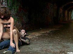 A kinky brunette slut gets tied up and is walked naked outdoors on the streets for everyone to see and she gets fucked there too.