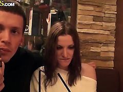 A sexy brunette sucks her boyfriends cock and later banged hard in a restaurant toilet