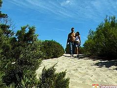 Kinky slim titless exotic brunette meets a dude on her way from beach. As this slim gal is the way too addicted to cum, she seduces dude in a flash. As soon as she stands on knees wondrous brunette teen takes a dick in hands and sucks it passionately for gooey tasty sperm.