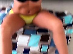 Amateur long haired brunette babe Autumm with french manicure and heavy make up in yellow undies and black thong teases tall stud Josh and sucks his cock in point of view.