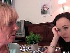 Milf and teen lesbian foreplay over coffee