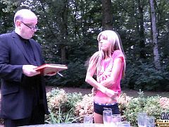 Gina Gerson is a stunning blonde teen babe with nice body. She is seduced by a priest and he nails her tight pussy like a real pro!