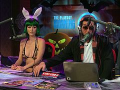 Everyone is dressed up for Halloween for the Playboy morning show. a group of Playboy models have a contest and see who can get the most apples. It's a variation on diving for apples but the girls use their tits instead of the mouths.