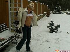Insane blond chic is not afraid even the strongest colds. She steps outdoors in snowy weather where she takes off her warm clothes to stand in doggy position in white lingerie to masturbate.