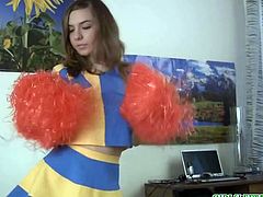 Alissa is horny brunette cheerleader with gorgeous body. She demonstrates her amenities taking teasing positions. Then she plays with her horny cooch inserting smooth sex toys inside the slit.Enjoy!