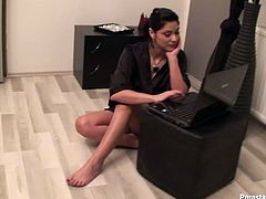 Raunchy and curvy Indian housemaid walks into bathroom and washes her boss's cocky son. Of course dude gets a huge boner and that juicy Desi babe doesn't hesitate to treat him with blowjob.