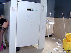 Fuck hungry milf Eva Karera with long legs and big tits finds a stall with a glory hole in the public bathroom. She gets fucked by stranger who finally reveals his face. Then she takes his dick up her pussy again in another sex position.