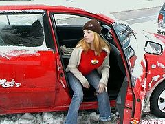 Provocative masturbation video of slutty red haired girl. She takes off her jeans playing with wet shaved pussy in a car. Wicked teen wanker in free sex video presented by Seventeen Video.