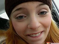 Provocative masturbation video of slutty red haired girl. She takes off her jeans playing with wet shaved pussy in a car. Wicked teen wanker in free sex video presented by Seventeen Video.